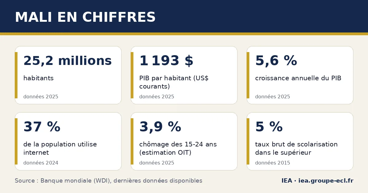 Infographie : Mali en chiffres — 25,2 millions habitants, 1 193 $ PIB par habitant (US$ courants), 5,6 % croissance annuelle du PIB. Source : Banque mondiale.